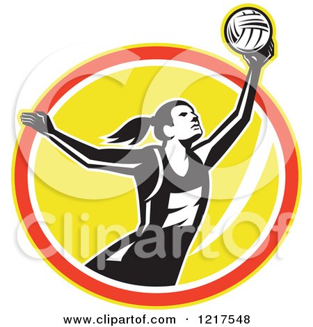 Clipart of a Retro Female Netball Player Rebounding over a Yellow Oval - Royalty Free Vector Illustration by patrimonio