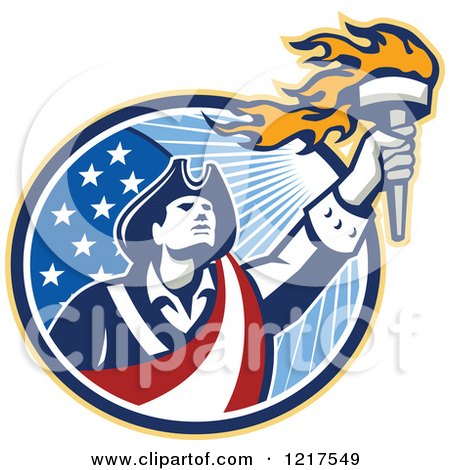Clipart of a Retro American Patriot Soldier Holding a Torch over a Circle - Royalty Free Vector Illustration by patrimonio