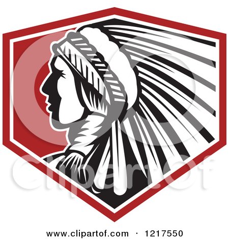 Clipart of a Retro Native American Chief with a Feather Headdress in Profile over a Red Shield - Royalty Free Vector Illustration by patrimonio