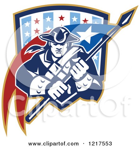 Clipart of a Retro Patriot Soldier with a Flag in a Star Shield - Royalty Free Vector Illustration by patrimonio