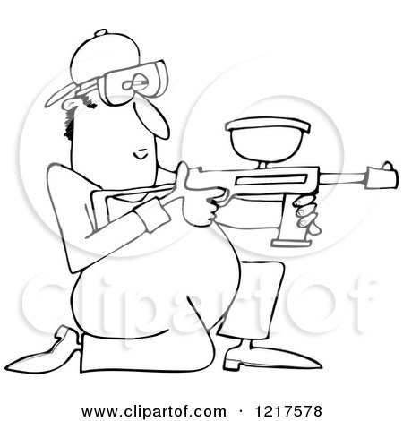 Clipart of an Outlined Kneeling Paintball Man - Royalty Free Vector Illustration by djart