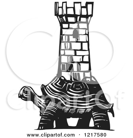 Clipart of a Woodcut Tortoise Carrying a Tower in Black and White - Royalty Free Vector Illustration by xunantunich