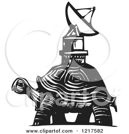Clipart of a Woodcut Tortoise Carrying a Satellite Dish in Black and White - Royalty Free Vector Illustration by xunantunich