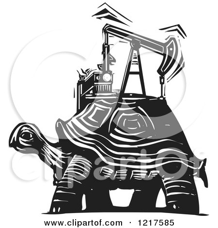 Clipart of a Woodcut Tortoise with a Oil Pump in Black and White - Royalty Free Vector Illustration by xunantunich