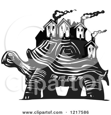 Clipart of a Woodcut Tortoise Carrying Houses in Black and White - Royalty Free Vector Illustration by xunantunich