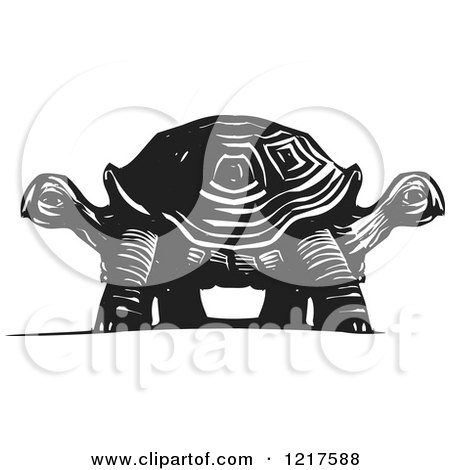 Clipart of a Woodcut Double Headed Tortoise in Black and White - Royalty Free Vector Illustration by xunantunich
