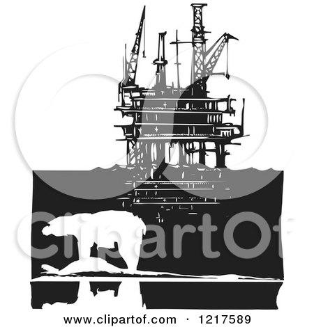 Clipart of a Woodcut Polar Bear and Oil Rig Platform in Black and White - Royalty Free Vector Illustration by xunantunich