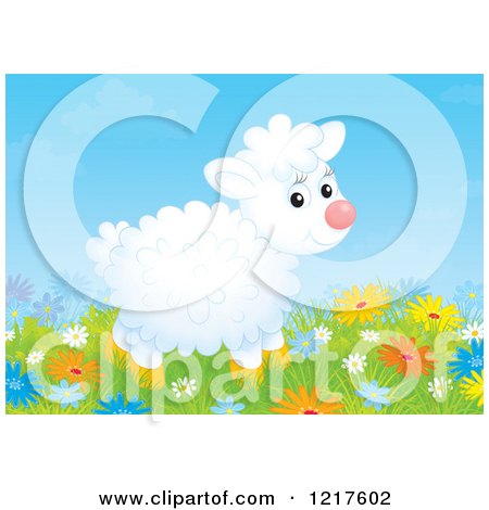 Clipart of a Cute Sheep in a Meadow of Flowers - Royalty Free Illustration by Alex Bannykh