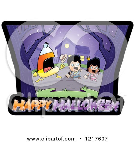 Clipart of a Candy Corn Monster Chasing Trick or Treaters over Happy Halloween Text - Royalty Free Vector Illustration by Cory Thoman