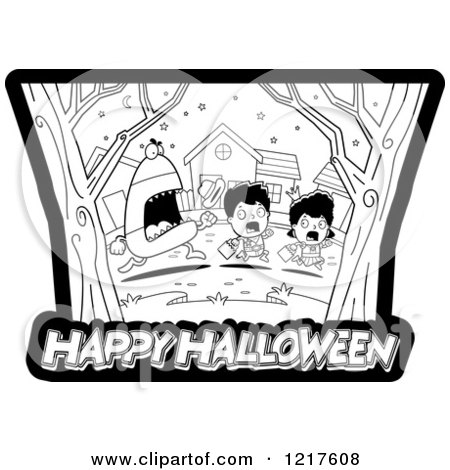 Clipart of a Black And White Candy Corn Monster Chasing Trick or Treaters over Happy Halloween Text - Royalty Free Vector Illustration by Cory Thoman