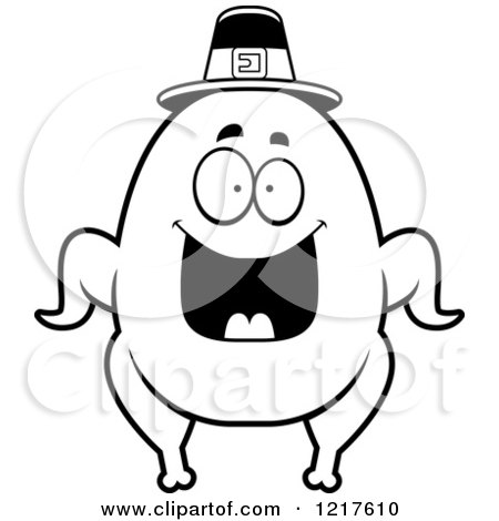 Clipart of a Black and White Happy Grinning Pilgrim Turkey Character - Royalty Free Vector Illustration by Cory Thoman