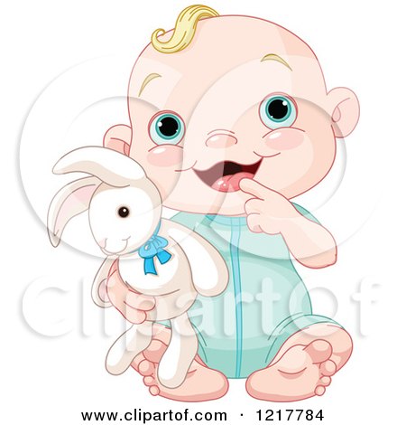 Clipart of a Cute Happy Baby Boy Holding a Stuffed Bunny Rabbit - Royalty Free Vector Illustration by Pushkin