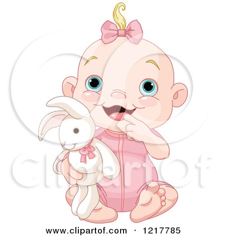 Clipart of a Cute Happy Baby Girl Holding a Stuffed Bunny Rabbit - Royalty Free Vector Illustration by Pushkin