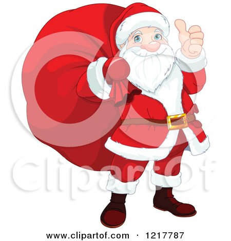 Clipart of a Happy Santa Holding a Thumb up and Sack on His Back - Royalty Free Vector Illustration by Pushkin
