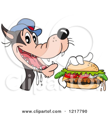 Clipart of a Hungry Wolf Holding a Cheeseburger - Royalty Free Vector Illustration by LaffToon
