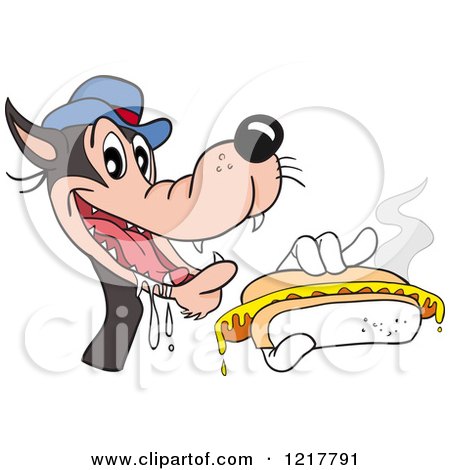 Clipart of a Hungry Wolf Holding a Hot Dog with Mustard - Royalty Free Vector Illustration by LaffToon
