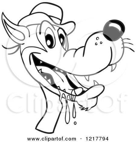 Clipart of an Outlined Hungry Drooling Wolf Wearing a Hat - Royalty Free Vector Illustration by LaffToon