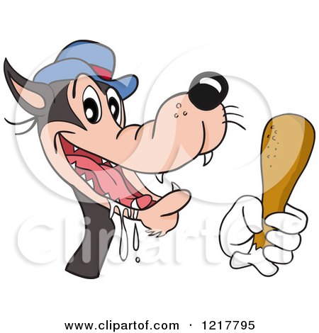 Clipart of a Hungry Wolf Holding a Chicken Drumstick - Royalty Free Vector Illustration by LaffToon