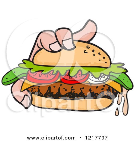 Clipart of a Hand Holding a Juicy Cheeseburger - Royalty Free Vector Illustration by LaffToon