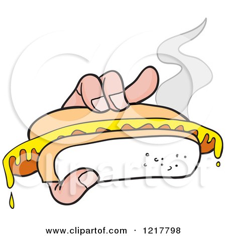 Clipart of a Hand Holding a Mustard Topped Hot Dog - Royalty Free Vector Illustration by LaffToon