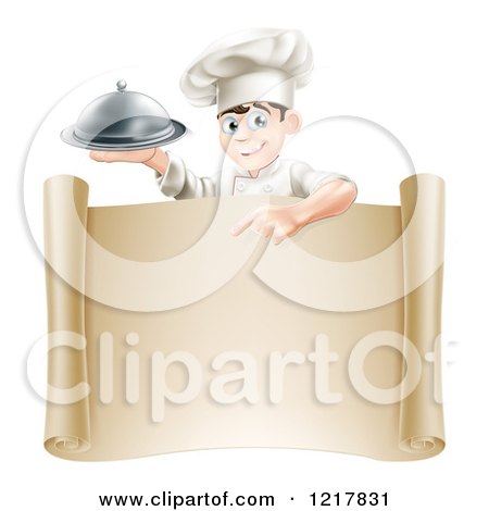 Clipart of a Happy Young Male Chef Holding a Cloche and Pointing down at a Scroll - Royalty Free Vector Illustration by AtStockIllustration
