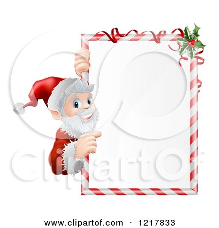 Clipart of Santa Pointing to a Candy Cane Frame Sign - Royalty Free Vector Illustration by AtStockIllustration