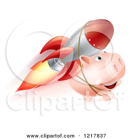 Clipart of a Piggy Bank Flying with a Rocket Strapped to Its Back - Royalty Free Vector Illustration by AtStockIllustration