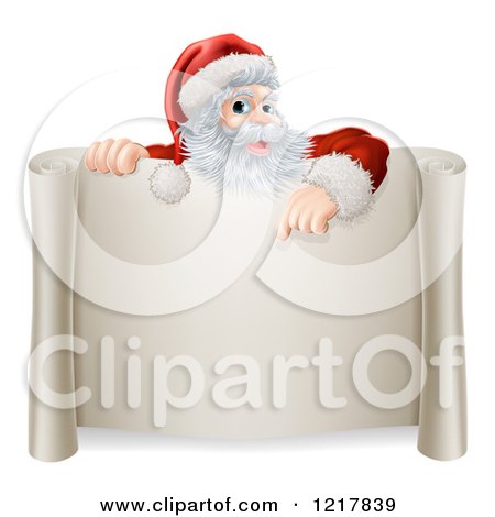 Clipart of Santa Pointing down to a Scroll Sign - Royalty Free Vector Illustration by AtStockIllustration