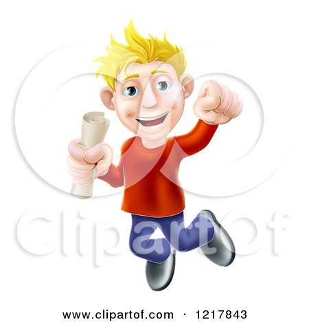 Clipart of a Happy Young Blond Graduate Jumping with a Degree - Royalty Free Vector Illustration by AtStockIllustration