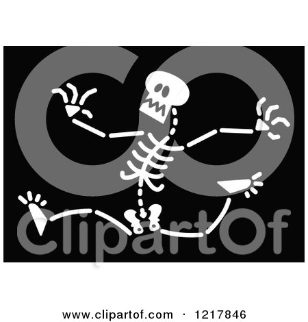 Clipart of a White Scared Skeleton Running Away on Black - Royalty Free Vector Illustration by Zooco