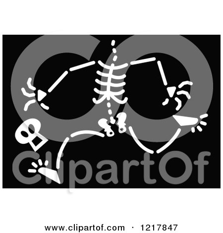 Clipart of a White Running Skeleton with His Skull Falling on Black - Royalty Free Vector Illustration by Zooco