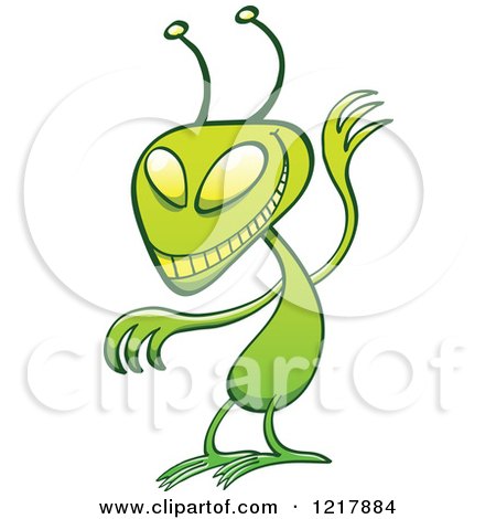 Clipart of a Waving Green Mischievous Alien - Royalty Free Vector Illustration by Zooco