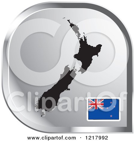 Clipart of a Silver New Zealand Map and Flag Icon - Royalty Free Vector Illustration by Lal Perera