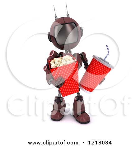 Clipart of a 3d Red Android Robot Carrying Movie Popcorn and Soda - Royalty Free Illustration by KJ Pargeter