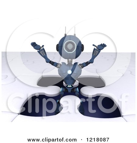 Clipart of a 3d Blue Android Robot Popping out of a Jigsaw Puzzle Opening - Royalty Free Illustration by KJ Pargeter