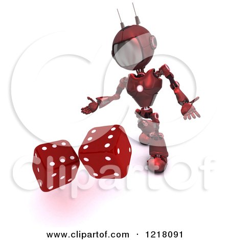 Clipart of a 3d Red Android Robot Rolling Dice - Royalty Free Illustration by KJ Pargeter