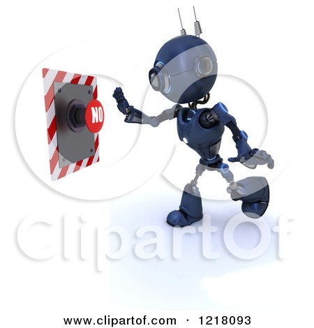 Clipart of a 3d Blue Android Robot Pushing a No Button - Royalty Free Illustration by KJ Pargeter