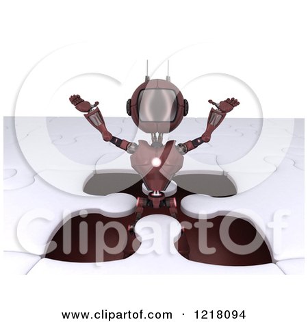 Clipart of a 3d Red Android Robot Popping out of a Jigsaw Puzzle Opening - Royalty Free Illustration by KJ Pargeter