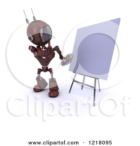 Clipart of a 3d Red Android Robot Thinking by an Art Canvas - Royalty Free Illustration by KJ Pargeter