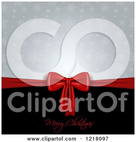 Clipart of a Merry Christmas Greeting with a Red Gift Bow and Snowflakes - Royalty Free Vector Illustration by KJ Pargeter