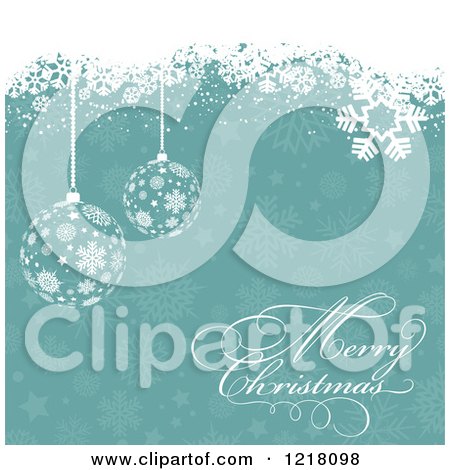 Clipart of a Merry Christmas Greeting with Baubles and Snowflakes over Turquoise - Royalty Free Vector Illustration by KJ Pargeter
