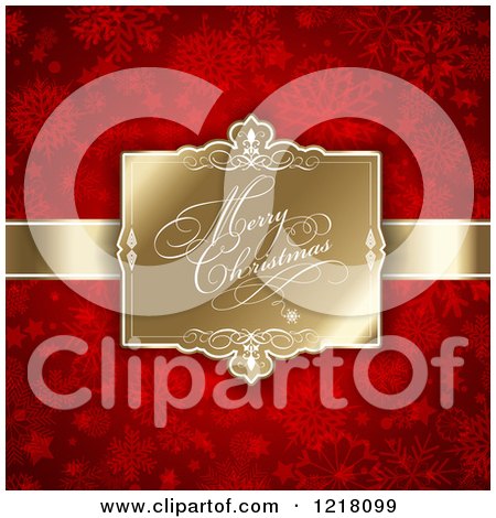 Clipart of a Merry Christmas Greeting on a Gold Tag over Red Snowflakes - Royalty Free Vector Illustration by KJ Pargeter