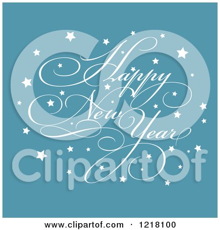 Clipart of a White Happy New Year Greeting with Stars on Blue - Royalty Free Vector Illustration by KJ Pargeter