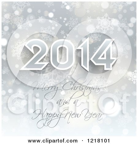 Clipart of a Happy New Year 2014 Greeting over Snowflakes and Bokeh - Royalty Free Vector Illustration by KJ Pargeter