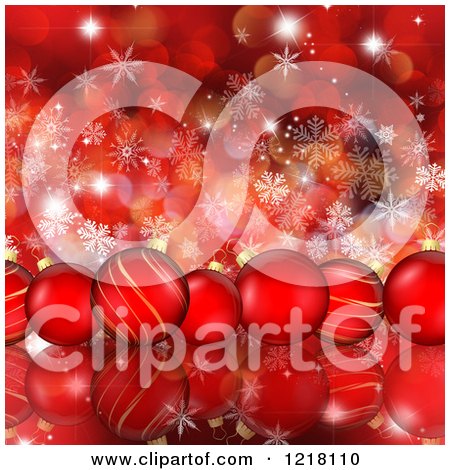 Clipart of a Row of Red Christmas Baubles over Bokeh Flares and Snowflakes - Royalty Free Illustration by KJ Pargeter