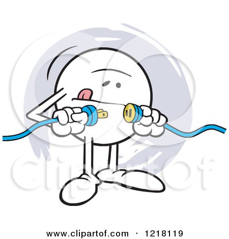 Clipart of a Moodie Character Nervously Connecting Two Plugs - Royalty Free Vector Illustration by Johnny Sajem