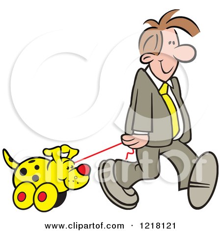 Clipart of a Happy Man Walking a Toy Dog - Royalty Free Vector Illustration by Johnny Sajem