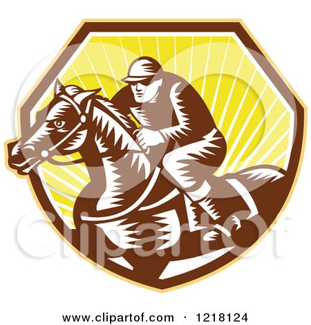 Clipart of a Retro Woodcut Jockey on a Horse in a Shield of Sunshine - Royalty Free Vector Illustration by patrimonio