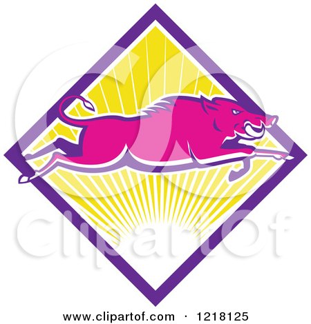 Clipart of a Pink Wild Boar Leaping over a Diamond of Sunshine - Royalty Free Vector Illustration by patrimonio