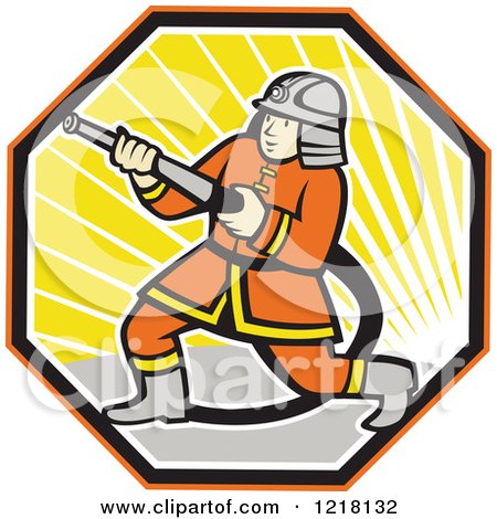 Clipart of a Cartoon Japanese Fireman with a Hose in a Hexagon of Sunshine - Royalty Free Vector Illustration by patrimonio